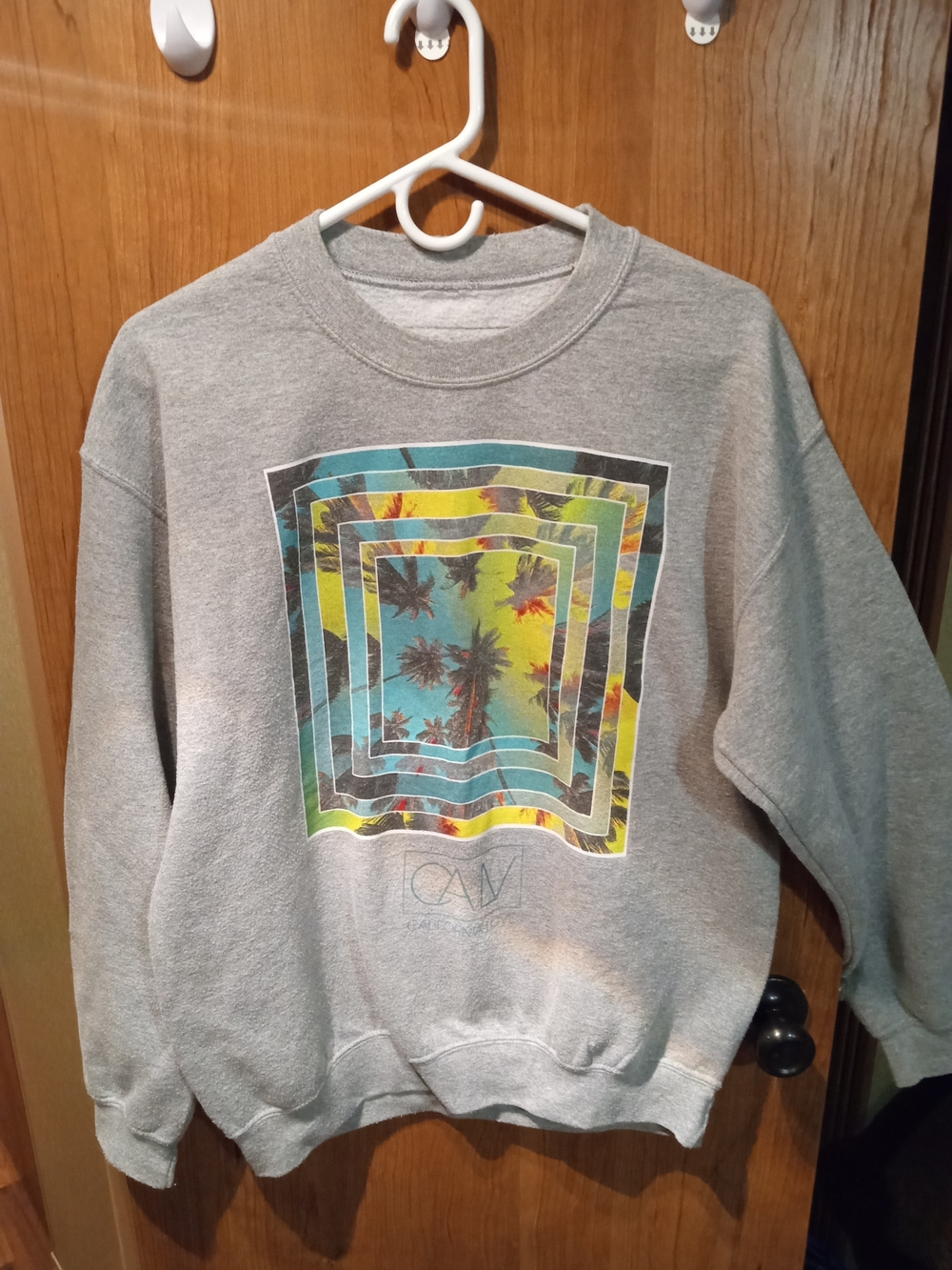 Gray Crewneck Sweatshirt with Multicolor Palm Graphic